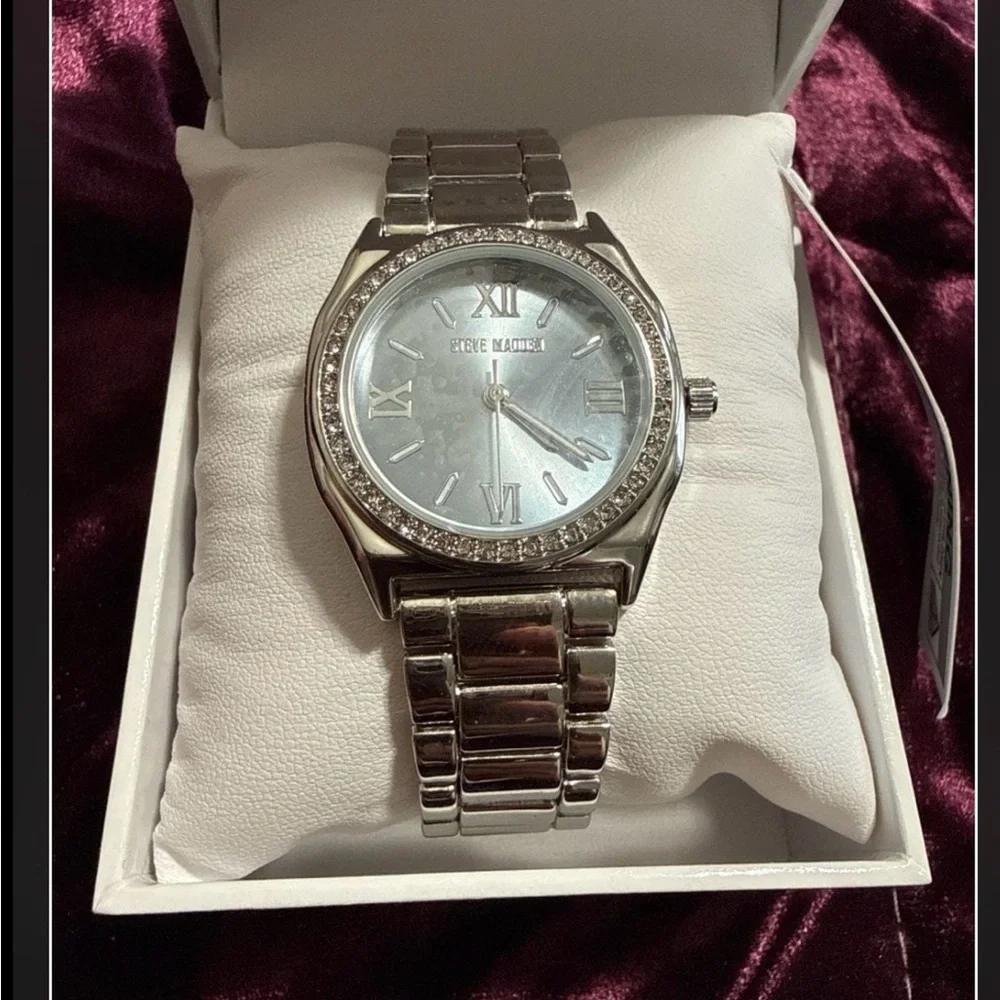 Steve Madden Silver Crystal-Trim Mother-of-Pearl Dial Watch